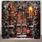 Aperturee - Aperturee Snowy Wooden Door Light Winter Tension Fabric Backdrop